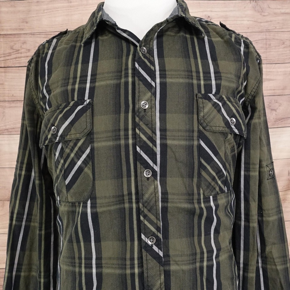 Rock & Republic Shirt Mens 2XL Green Plaid Long Sleeve Button-Up Easy Care
